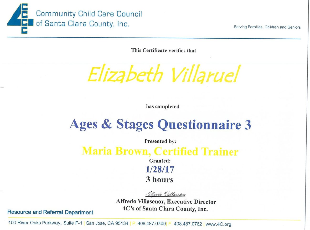 Certificate: Ages and Stages Questionnaire 3