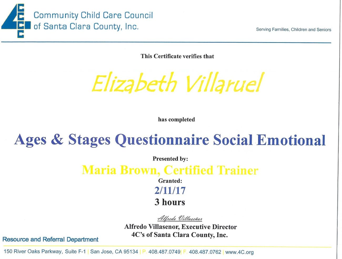 Certificate: Ages and Stages Questionnaire, Social Emotional