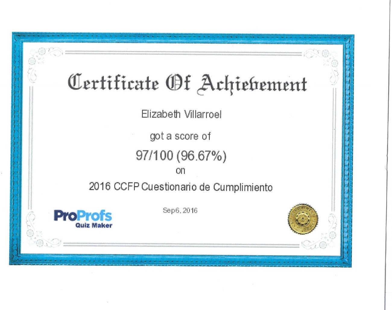 Certificate: CACFP Compliance Assessment