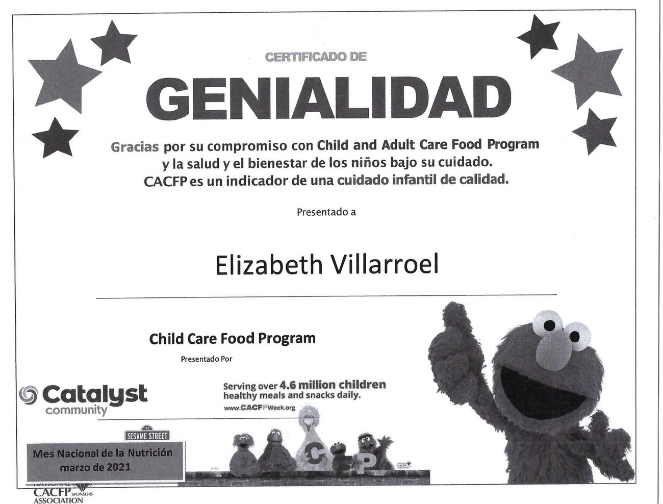 Certificate: Child and Adult Care Food Program