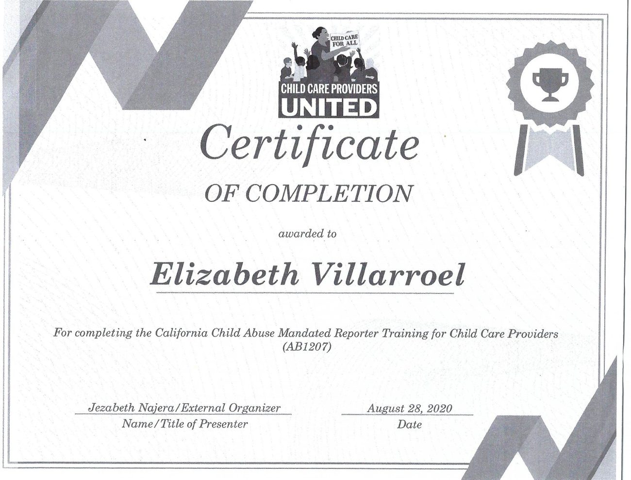 Certificate: Child Abuse Mandated Reporter Training
