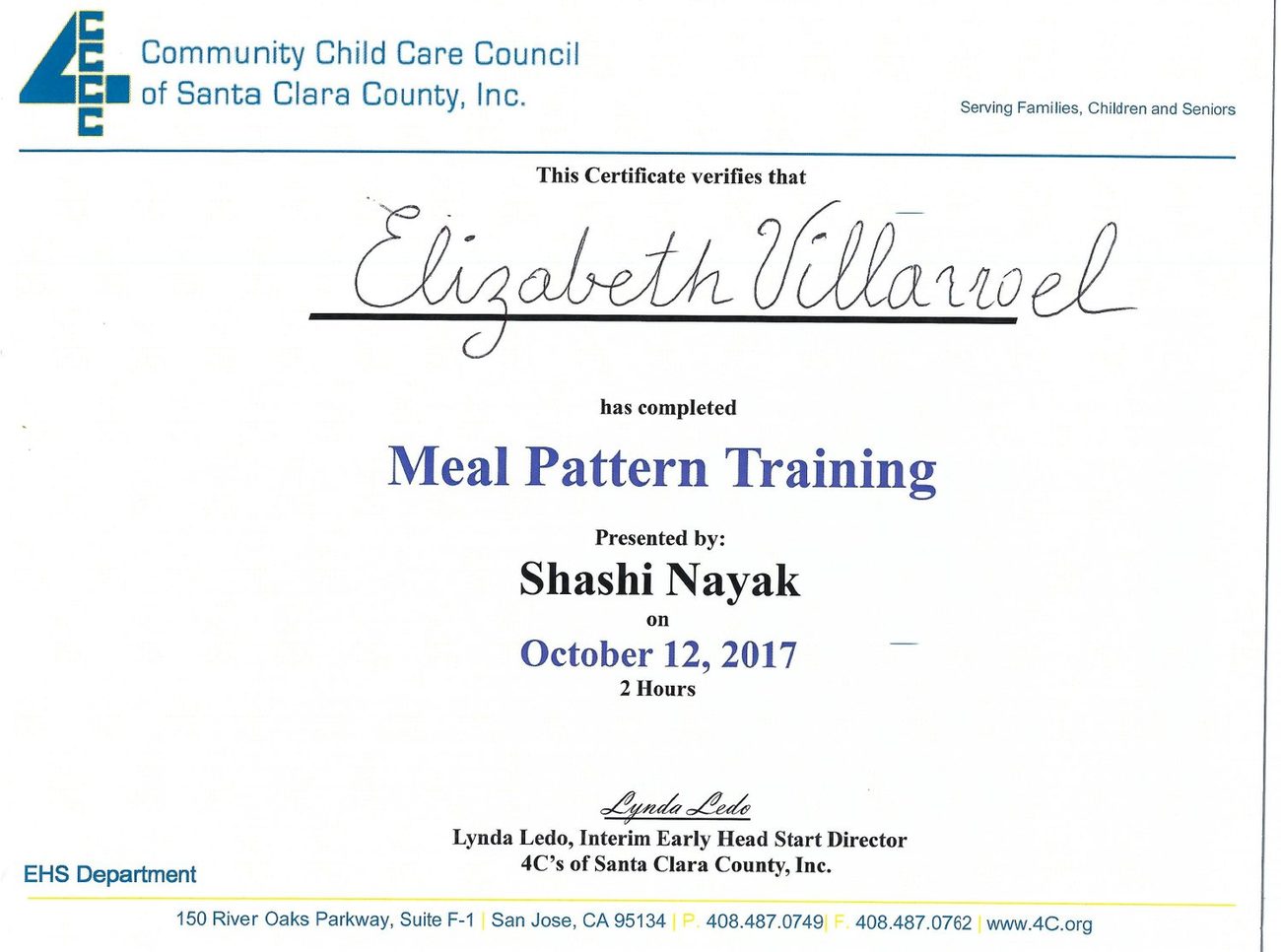 Certificate: Meal Pattern Training