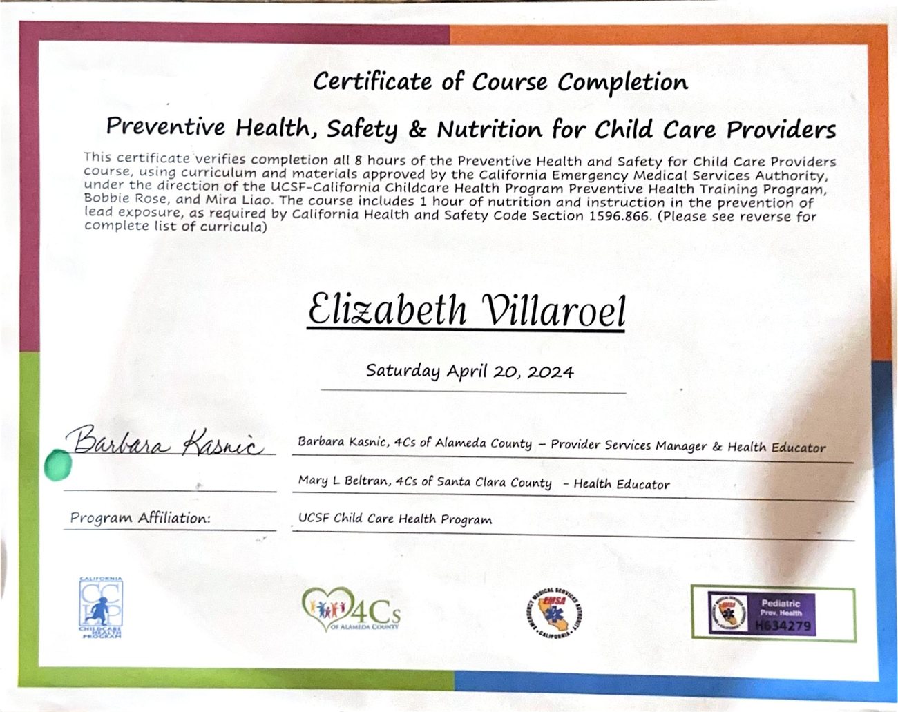 Certificate: Preventive Health, Safety and Nutrition for Child Care Providers