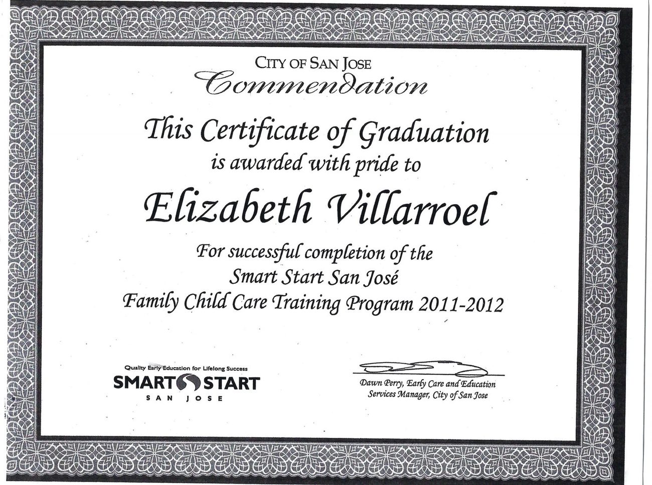 Certificate: Smart Start San Jose, 2011-2012