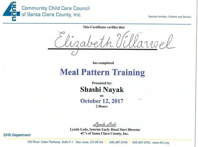 Certificate: Meal Pattern Training