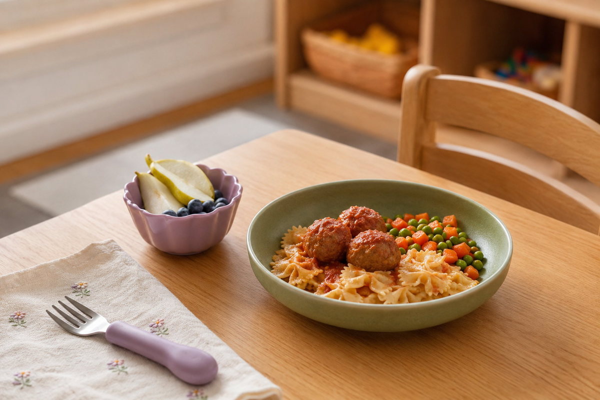Homemade pasta with meatballs, peas and fresh fruit served to a child at Eliza's Family Childcare