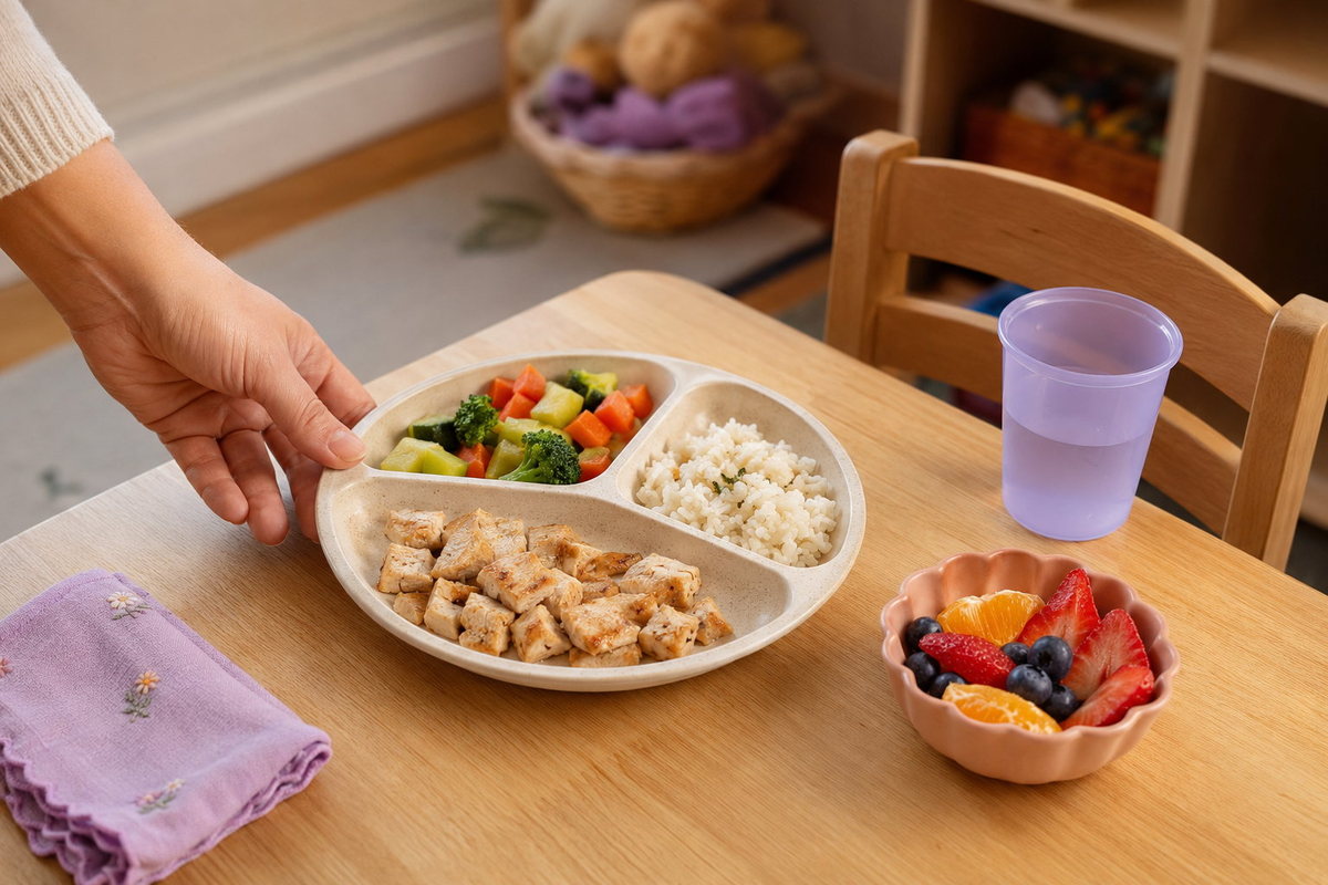 Balanced homemade plate of chicken, rice, vegetables and fresh fruit at Eliza's Family Childcare