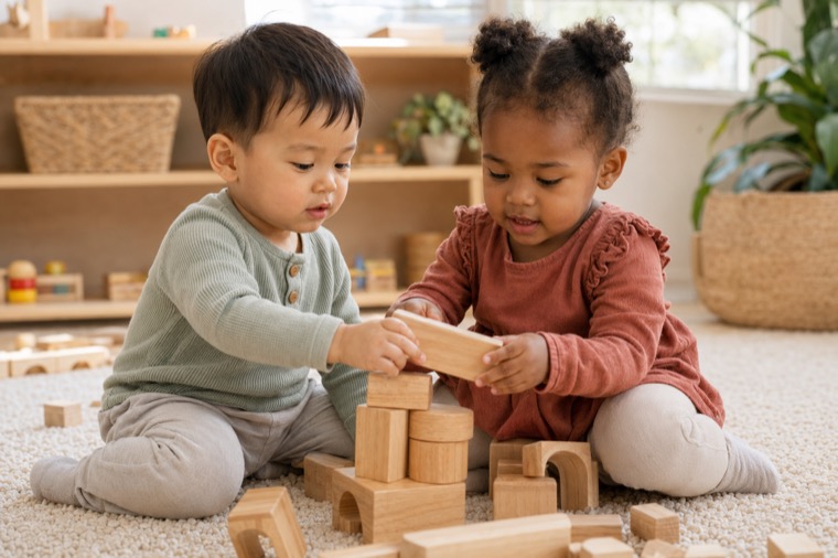 Niños pequeños construyendo con bloques de madera en Eliza's Family Childcare